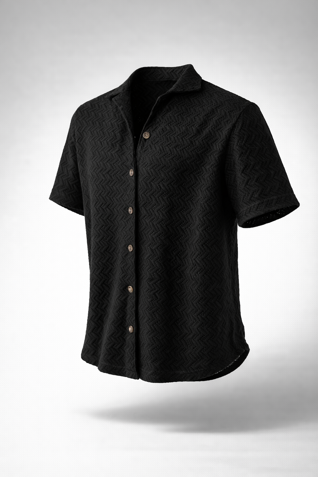 Camisa Tejida Texturizada de Manga Corta – Negro