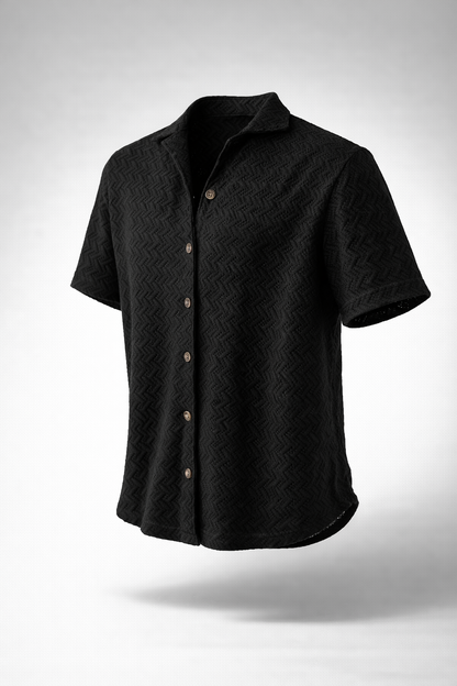 Camisa Tejida Texturizada de Manga Corta – Negro