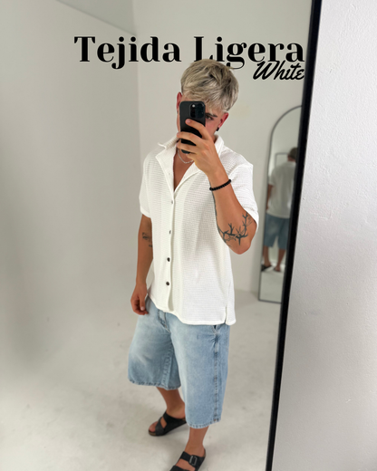 Camisa Tejida Ligera de Manga Corta – Blanco