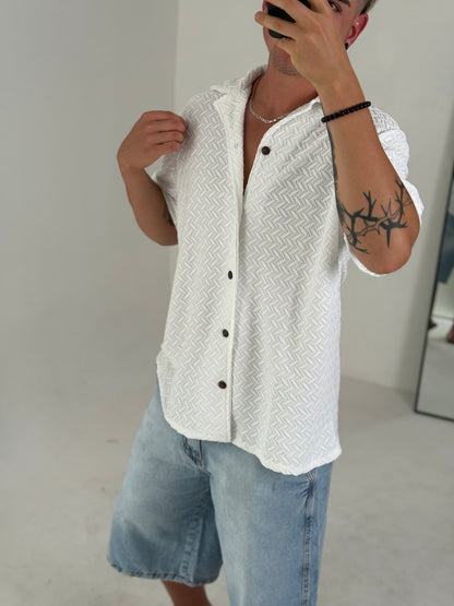 Camisa Tejida Texturizada de Manga Corta – Blanco