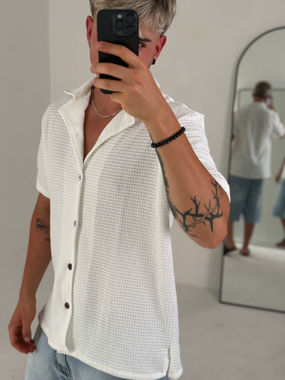 Camisa Tejida Ligera de Manga Corta – Blanco