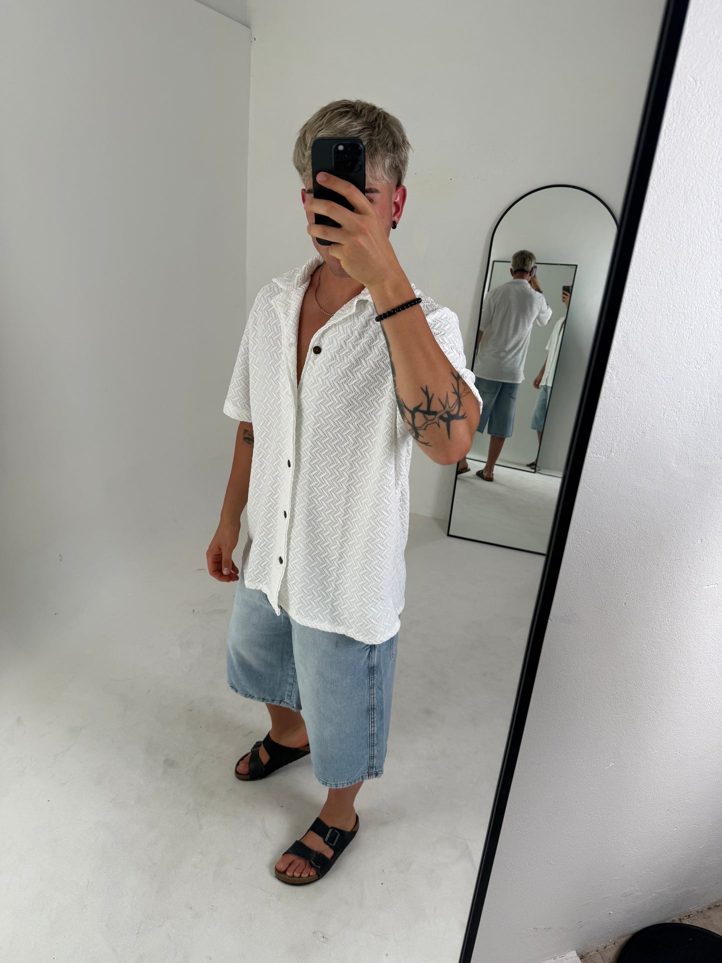 Camisa Tejida Texturizada de Manga Corta – Blanco