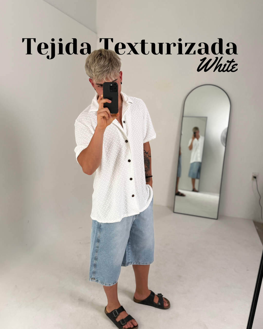 Camisa Tejida Texturizada de Manga Corta – Blanco