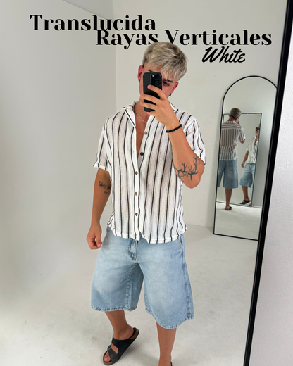 Camisa Tejida Translúcida a Rayas Verticales – Blanco & Negro