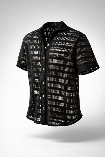 Camisa Tejida Translúcida de Manga Corta – Negro