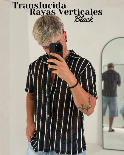 Camisa Tejida Translúcida a Rayas Verticales – Negro & Blanco