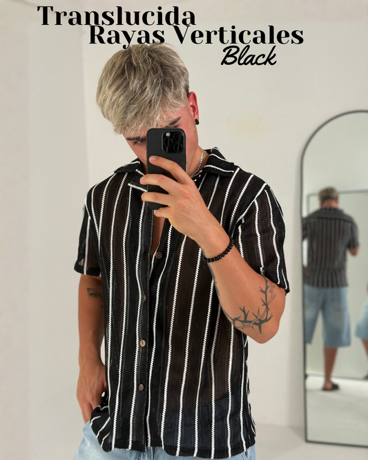 Camisa Tejida Translúcida a Rayas Verticales – Negro & Blanco