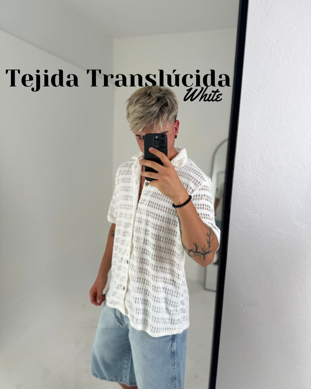 Camisa Tejida Translúcida de Manga Corta – Blanco
