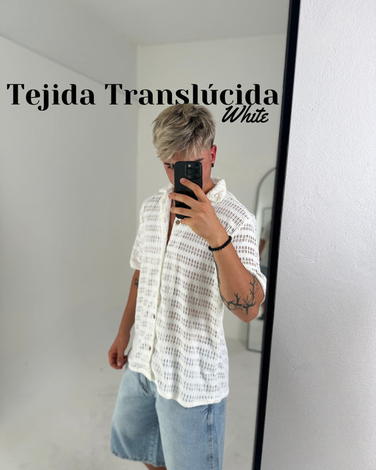 Camisa Tejida Translúcida de Manga Corta – Blanco