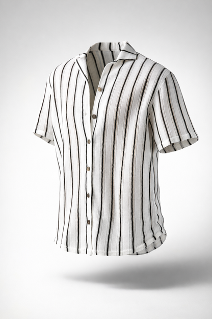 Camisa Tejida Translúcida a Rayas Verticales – Blanco & Negro